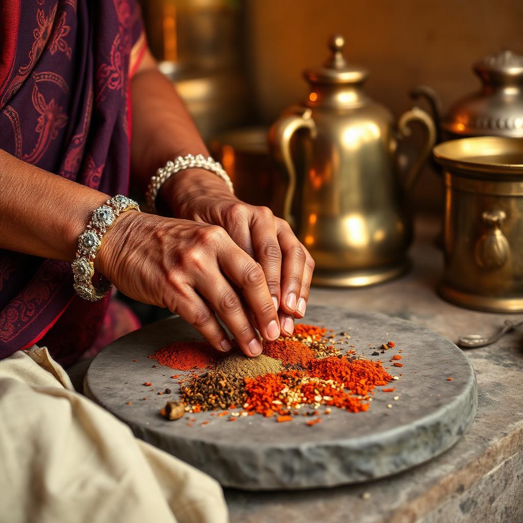 A grandmother's traditional kitchen with brass utensils
