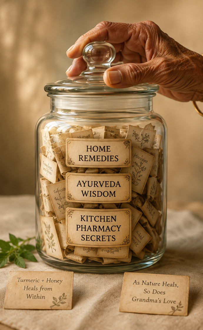 A glass apothecary jar filled with handwritten remedy notes — Home Remedies, Ayurveda Wisdom, Kitchen Pharmacy Secrets
